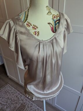Silk-Like Scoop Neck Flutter Sleeve Blouse - Light Champagne